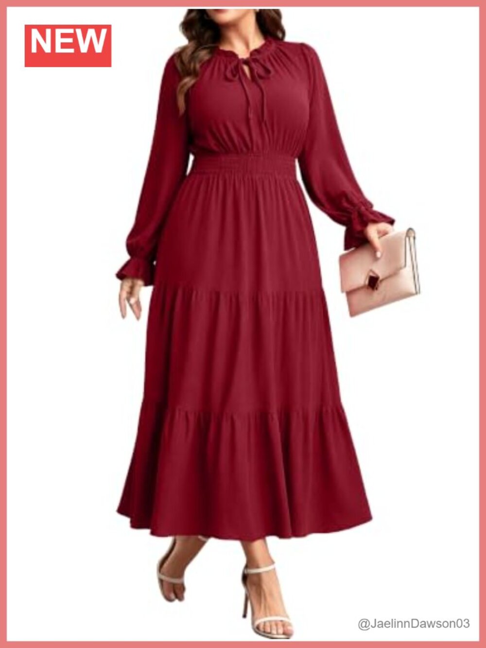 Women's Plus Size Swiss Dot V Neck Long Sleeve Maxi Wedding Guest Dress